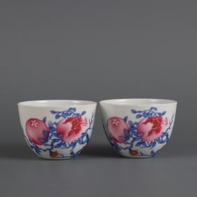 A Pair of Exquisite Famille-Rose Flower and Fruit Pattern with poem Cup