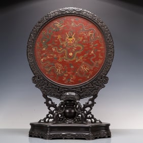 A Exquisite Zitanwood Inlaid Carved Red Lacquer Dragon Pattern Landscape and Figure Pattern Screen