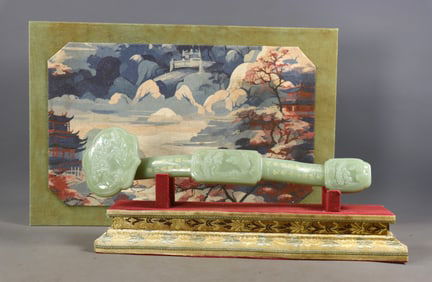 An Exquisite White Jade Character and Story Pattern with poem Ruyi