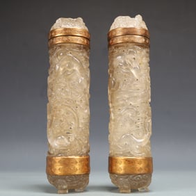 A Exquisite A pair of Crystal Outline in gold Dragon Pattern Incense Tube