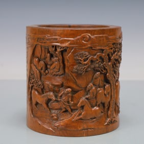A Exquisite Boxwood Character and Story Pattern with poem Brush Pot