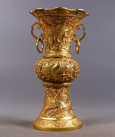 An Exquisite Gilt Bronze Crane Pattern Double-Ears Vase