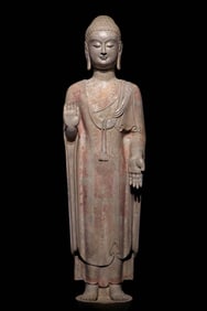 An Exquisite Limestone Painted Color Statue of Sakyamuni