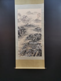 A Chinese Vertical Scroll Ink Painting of Landscape on Paper