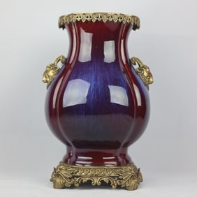 An Exquisite Flambe Glazed Inlaid Bronze Double-Ears Vase