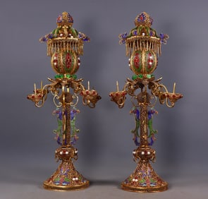 A Pair of Exquisite Gilt Bronze Inlaid Gems Flower and Bird Pattern Candlestick