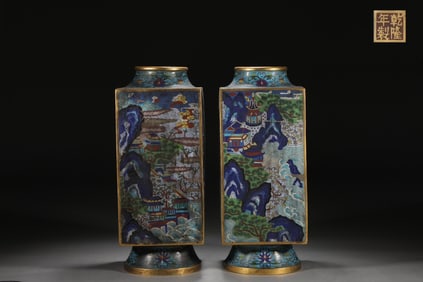 A Pair of Exquisite Cloisonne Landscape Pattern Lotus Pattern Vase