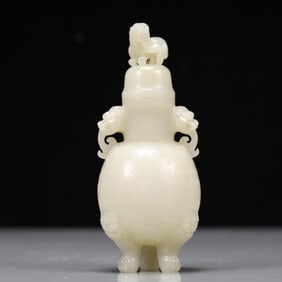 An Exquisite Green Jade with poem Double-Ears and Tripod Censer