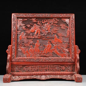 A Exquisite Carved Red Lacquer Lotus Pattern Character and Story Pattern Screen