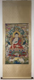 A Chinese Vertical Scroll Ink Painting of Buddha Statue on Silk