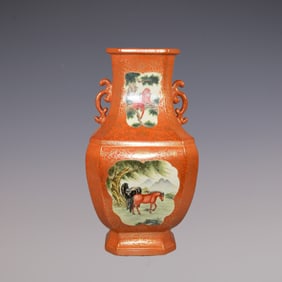 An Exquisite Famille-Rose Iron-Red Painted Gold Animal Pattern Lotus Pattern Double-Ears Vase