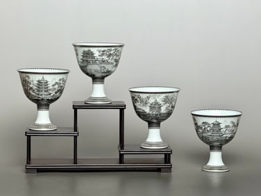 A Set of Fine Ink Color Painted Gold Landscape Pattern Cup