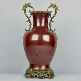 An Exquisite Ji Red Glazed Inlaid Bronze Double-Ears Vase