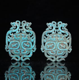 A Pair of Exquisite Turquoise Chi-Dragon Pattern Ornament