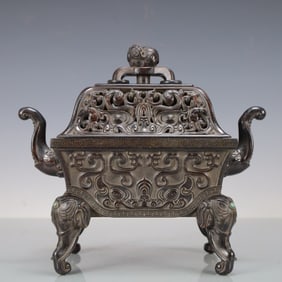 A Exquisite Zitanwood Beast-Face Pattern Double-Ears Censer
