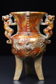 An Exquisite White Jade Auspicious Beast Pattern With Inscription Double-Ears and Tripod Censer