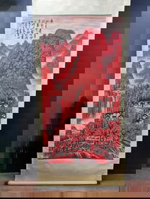 A Chinese Vertical Scroll Ink Painting of Landscape on Paper