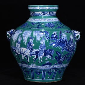 An Exquisite Blue and White Character and Story Pattern Lotus Pattern Double-Ears Jar