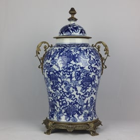 An Exquisite Blue and White Inlaid Bronze Bats and Peach Pattern Double-Ears Jar
