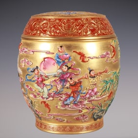 An Exquisite Enamel Character and Story Pattern Lotus Pattern Bats and Peach Pattern Jar