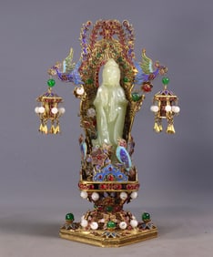 An Exquisite Gilt Bronze Inlaid White Jade Statue of Avalokitesvara