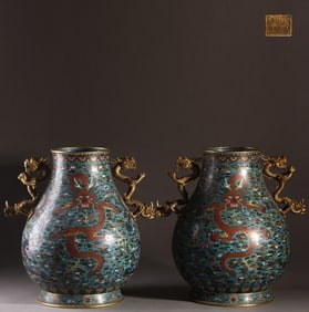 A Pair of Exquisite Cloisonne Dragon Pattern Lotus Pattern Double-Ears Vase