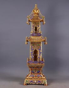 An Exquisite Gilt Bronze Inlaid Gems Phoenix Pattern Pagoda