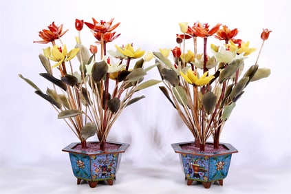 An Exquisite Pair Of Cloisonne 'Scrolling Lotus' Jardiniere-Form Decorations