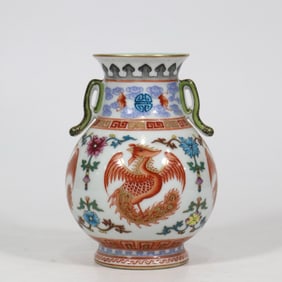 An Exquisite Iron-Red Phoenix Pattern Bats and Peach Pattern Double-Ears Vase