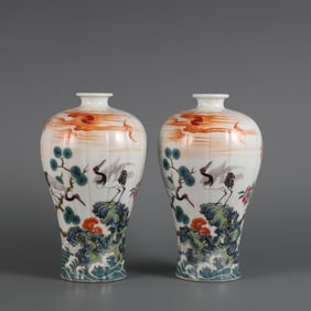 A Pair of Exquisite Famille-Rose Flower and Bird Pattern with poem Vase