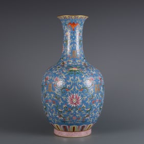 An Exquisite Famille-Rose Painted Gold Bats and Peach Pattern Lotus Pattern Vase