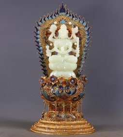 An Exquisite Gilt Bronze Inlaid White Jade Buddha Statue