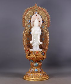 An Exquisite Gilt Bronze Inlaid White Jade Statue of Avalokitesvara