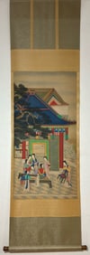 A Chinese Vertical Scroll Ink Painting of Character and Story on Silk