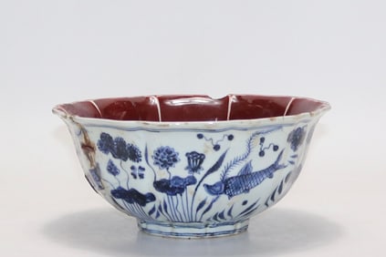 An Exquisite Blue and White Ji Red Glazed Fish and Lotus Pattern Bowl