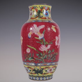 An Exquisite Famille-Rose Ruby Red-Glazed Lotus Pattern Flower and Butterfly Pattern Vase