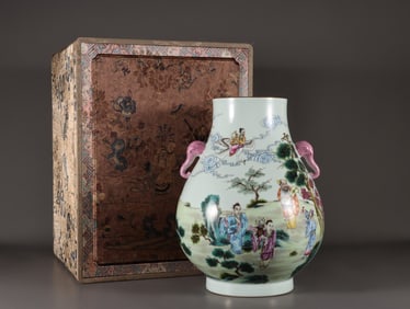 An Exquisite Famille-Rose Painted Gold Character and Story Pattern Double-Ears Vase