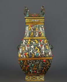 An Exquisite Bronze Inlaid Gold and Silver Inlaid Turquoise Character and Story Pattern With