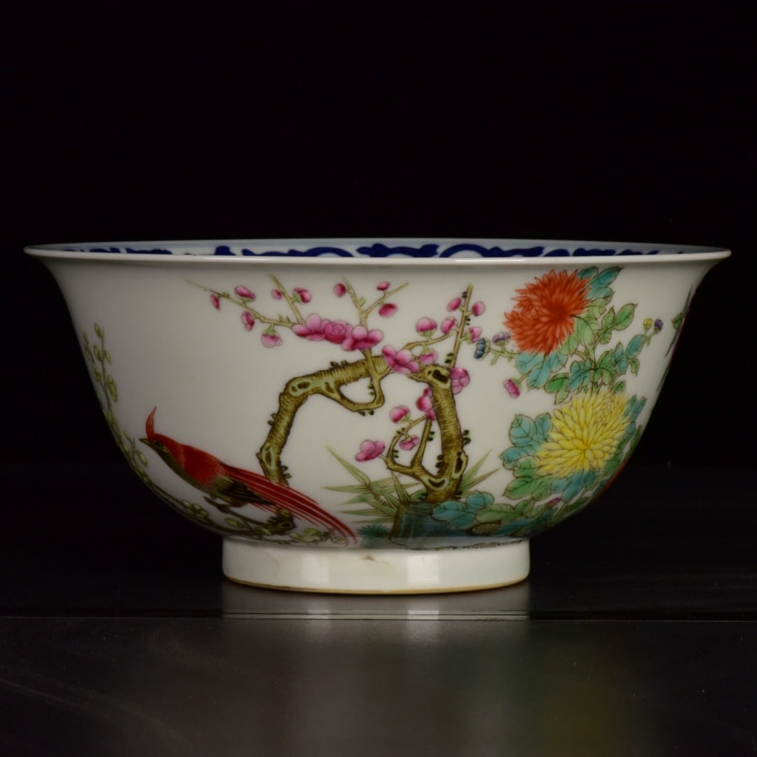 An Exquisite Blue and White Famille-Rose Flower and Bird Pattern Bowl (1 of 8)