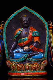 A Rare Meteorite Flower Pattern Inlaid Dzi Bead and Turquoise Statue of Sakyamuni