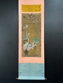 A Chinese Vertical Scroll Ink Painting of Character and Story on Silk