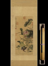 A Chinese Vertical Scroll Ink Painting of Flower and Bird on Silk