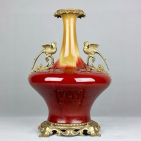 A Huge Flambe Glazed Inlaid Bronze Flower and Bird Vase