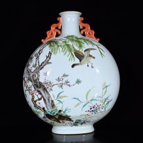 A Rare Famille-Rose Flower and Bird Pattern Double-Ears Vase,With Poem