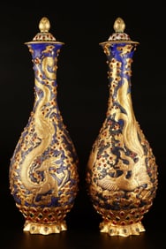 A Pair of Rare Gilt Bronze Dragon and Phoenix Pattern Bottle ,With Inlaid Gems