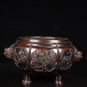 A Rare Bronze Plum Blossom,Orchid Bamboo and Chrysanthemum Pattern Lion-Ears Tripod Censer