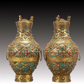A Pair of Rare Gilt Bronze Inlaid Gems Double-Ears Vases