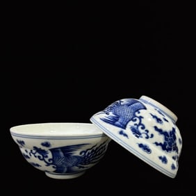 A Pair of Exquisite Blue and White Phoenix Pattern Cups