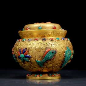 An exquisite gilt bronze jar with turquoise floral pattern
