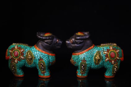 A Pair of Rare Meteorite Inlaid Dzi Bead and Turquoise Auspicious Beast Ornaments